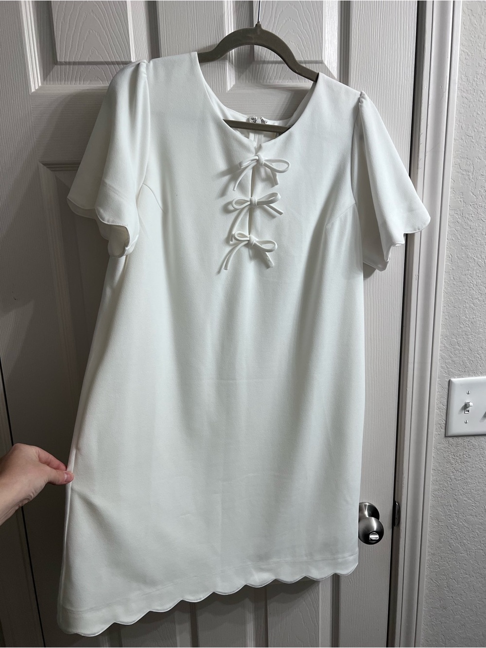 She + Sky White Scalloped Mini Dress with Bow Details